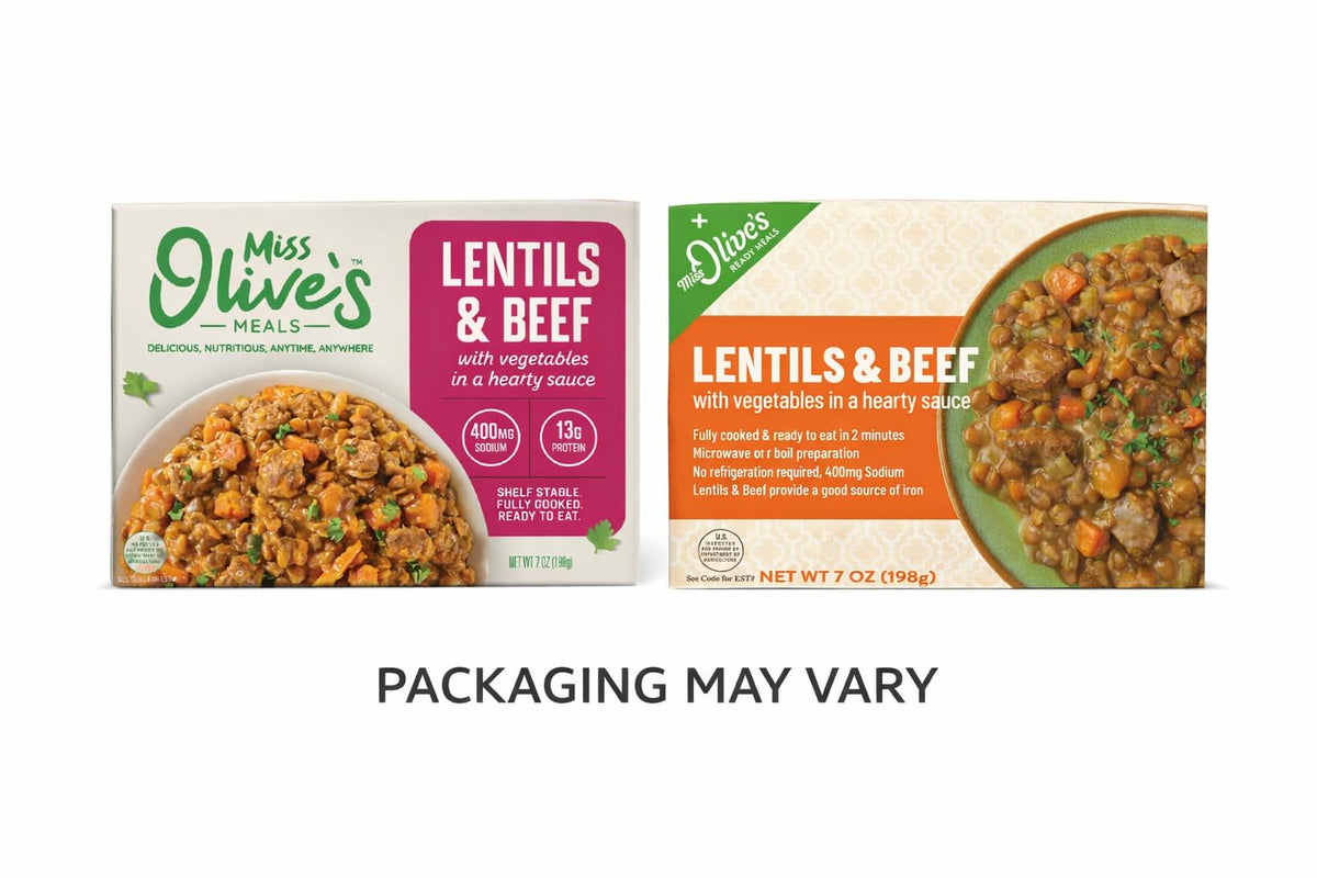 Miss Olive's Lentil Beef with Vegetables ready meal, compact 7 oz portion for quick lunches.