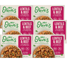 Miss Olive's Lentil and Beef with Vegetables ready meal pack front view, shelf-stable convenience.