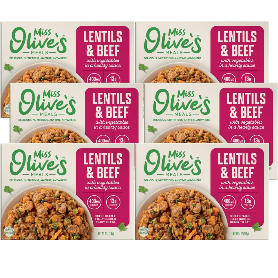 Miss Olive's Lentil and Beef with Vegetables ready meal pack front view, shelf-stable convenience.