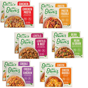 Miss Olive's Lower Sodium Variety Pack packshot shows six meal options