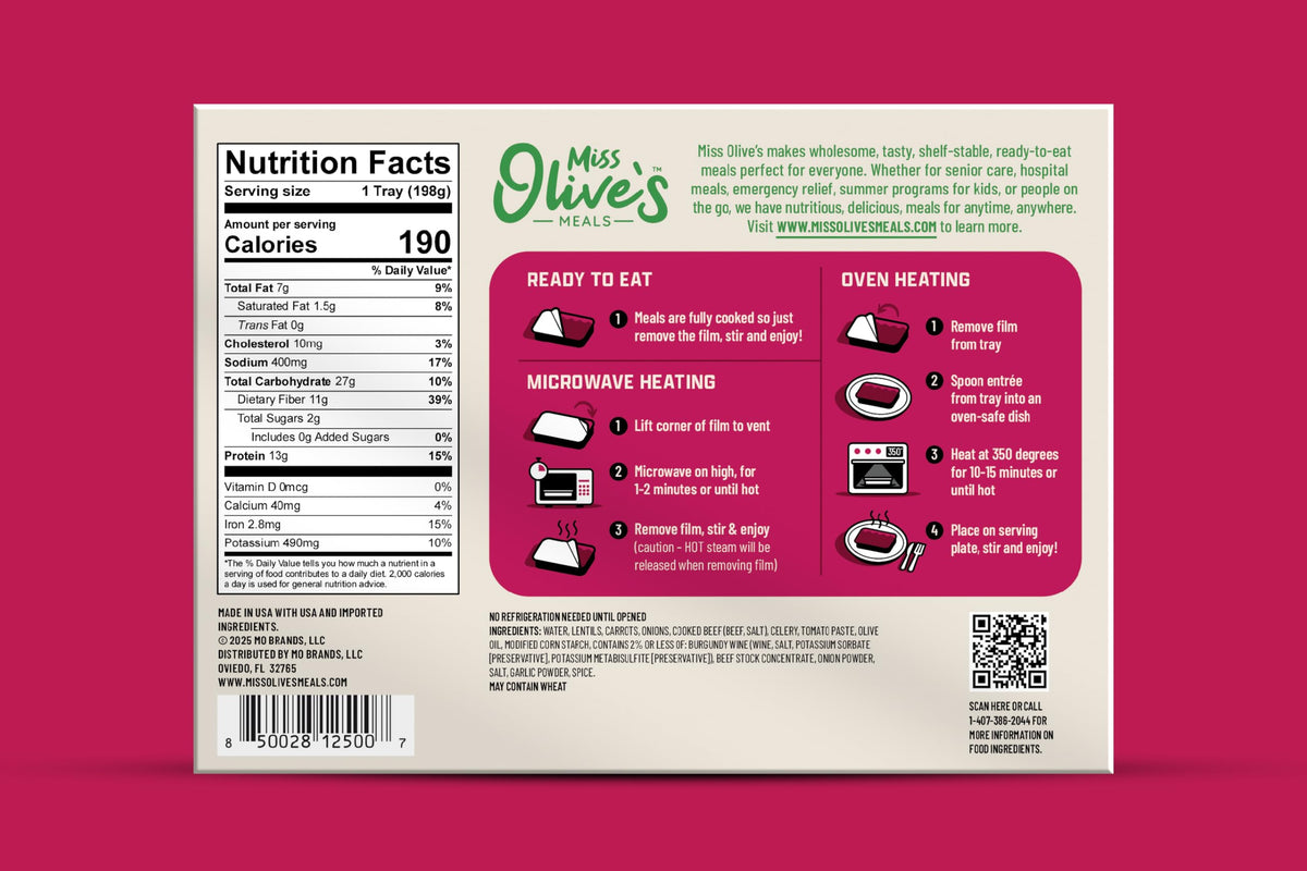 Miss Olive's Lentil and Beef close-up ingredients highlight hearty lentils and vegetables.