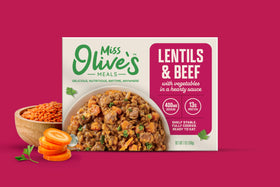Miss Olive's ready meal packaging front shows a reliable pantry staple for busy days.