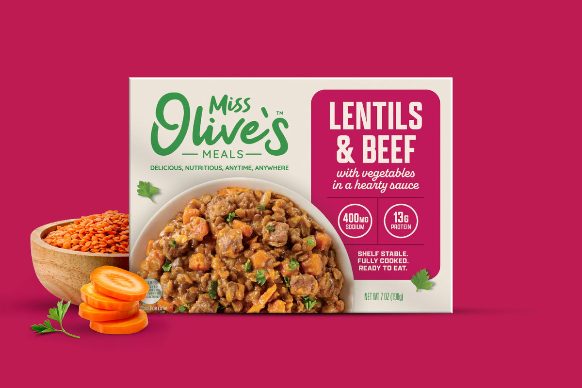 Miss Olive's Lentil Beef with Vegetables ready meal served hot for a comforting dinner.