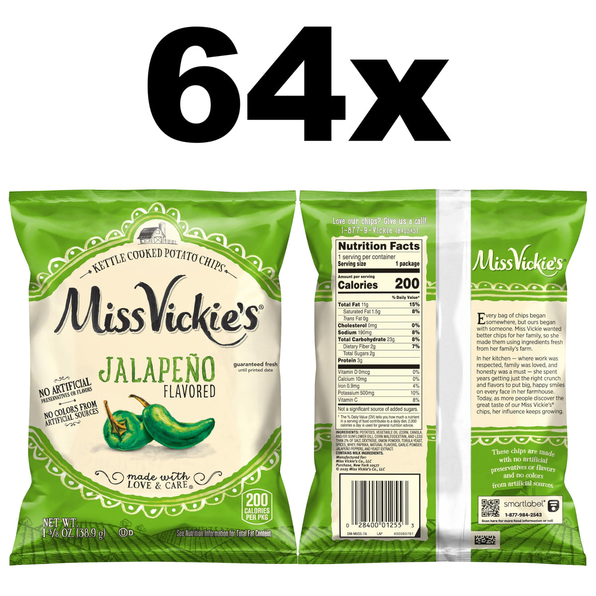 64-pack display of Miss Vickie's Jalapeño kettle chips for sharing