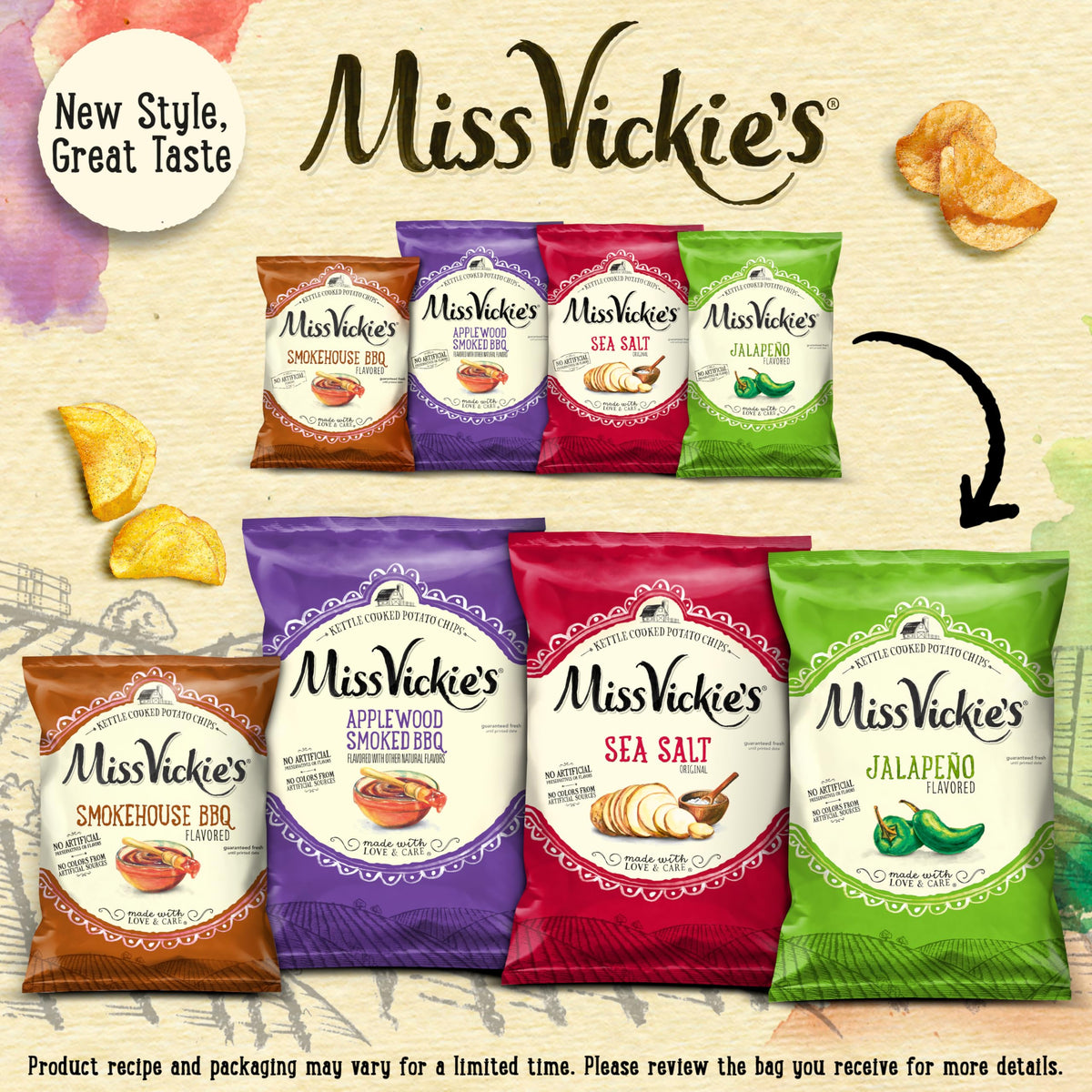 Miss Vickie's jalapeno chips on a tray for bold snacking