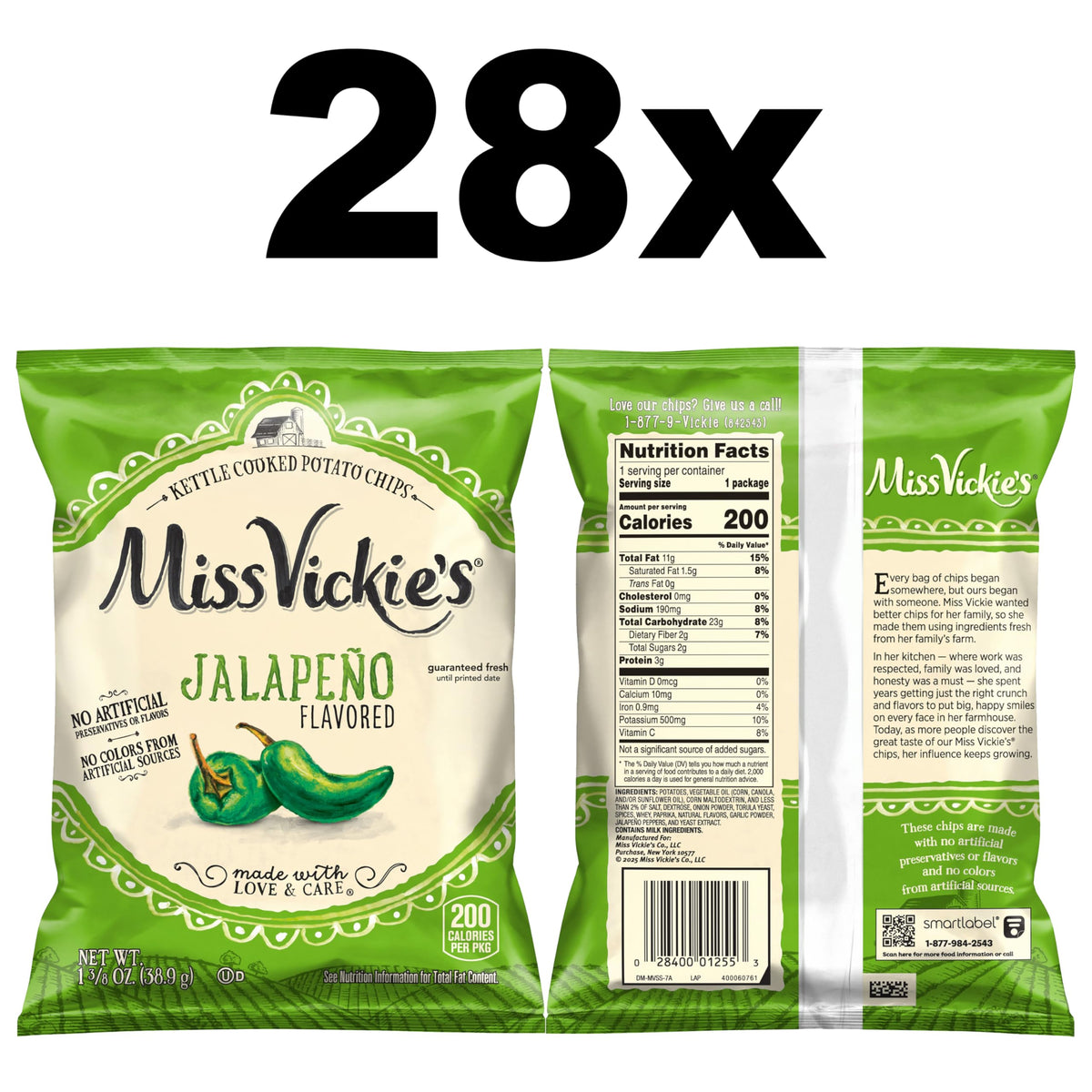 Miss Vickie's kettle chips back with 28-pack detail for on‑the‑go snacking.