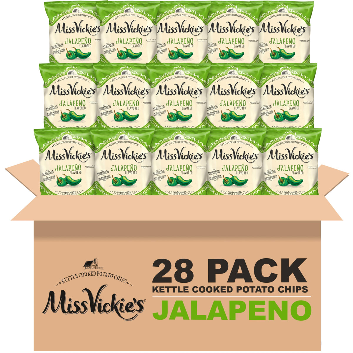Miss Vickie's jalapeño kettle chips front bag shows bold crunch and homemade flavor.