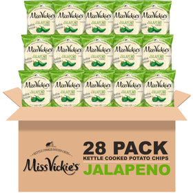 Miss Vickie's jalapeño kettle chips front bag shows bold crunch and homemade flavor.