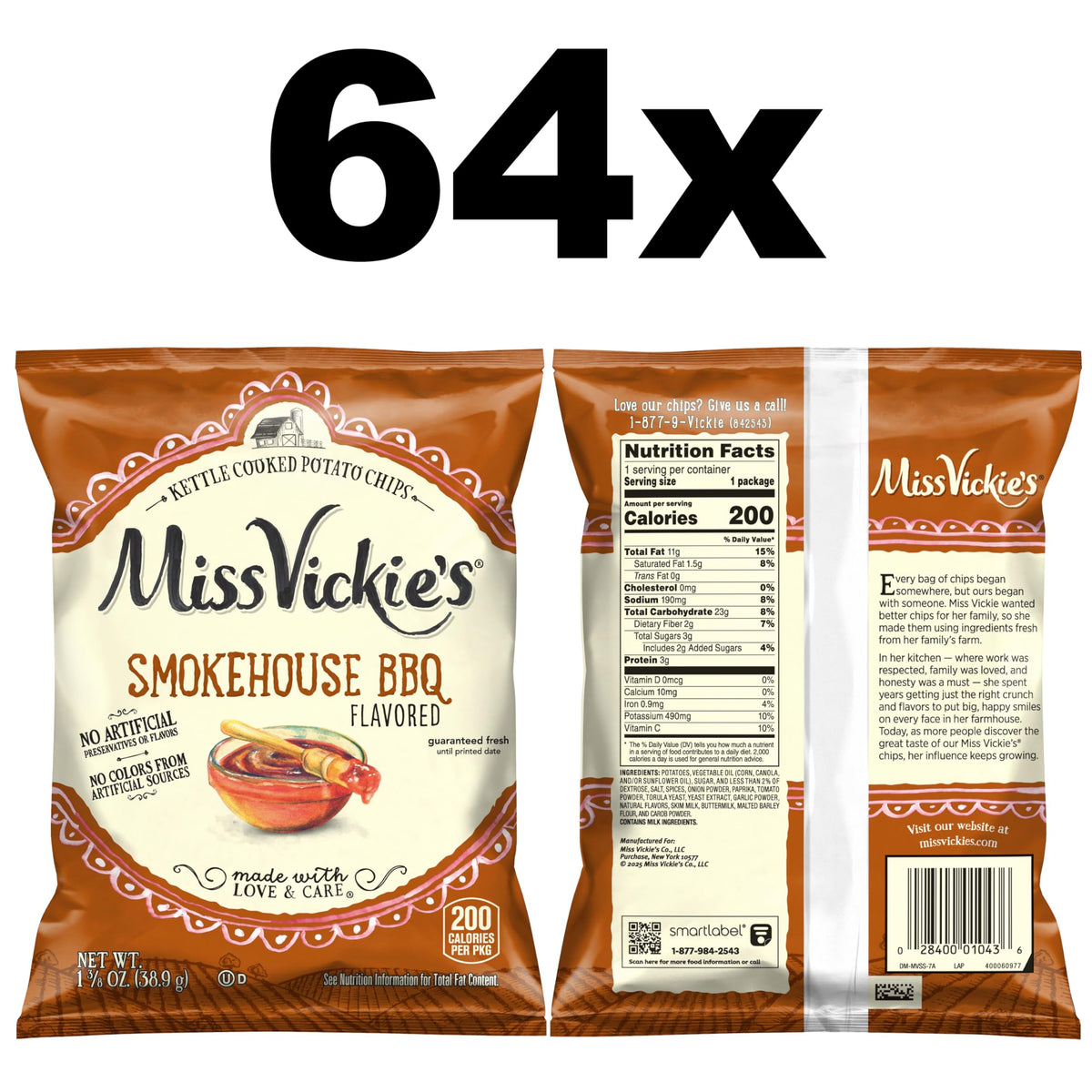 Miss Vickie's Smokehouse BBQ chips close-up with golden ridges and smoky aroma.