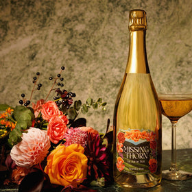 Missing Thorn Sparkling White NA Riesling bottle with a sleek label for display.