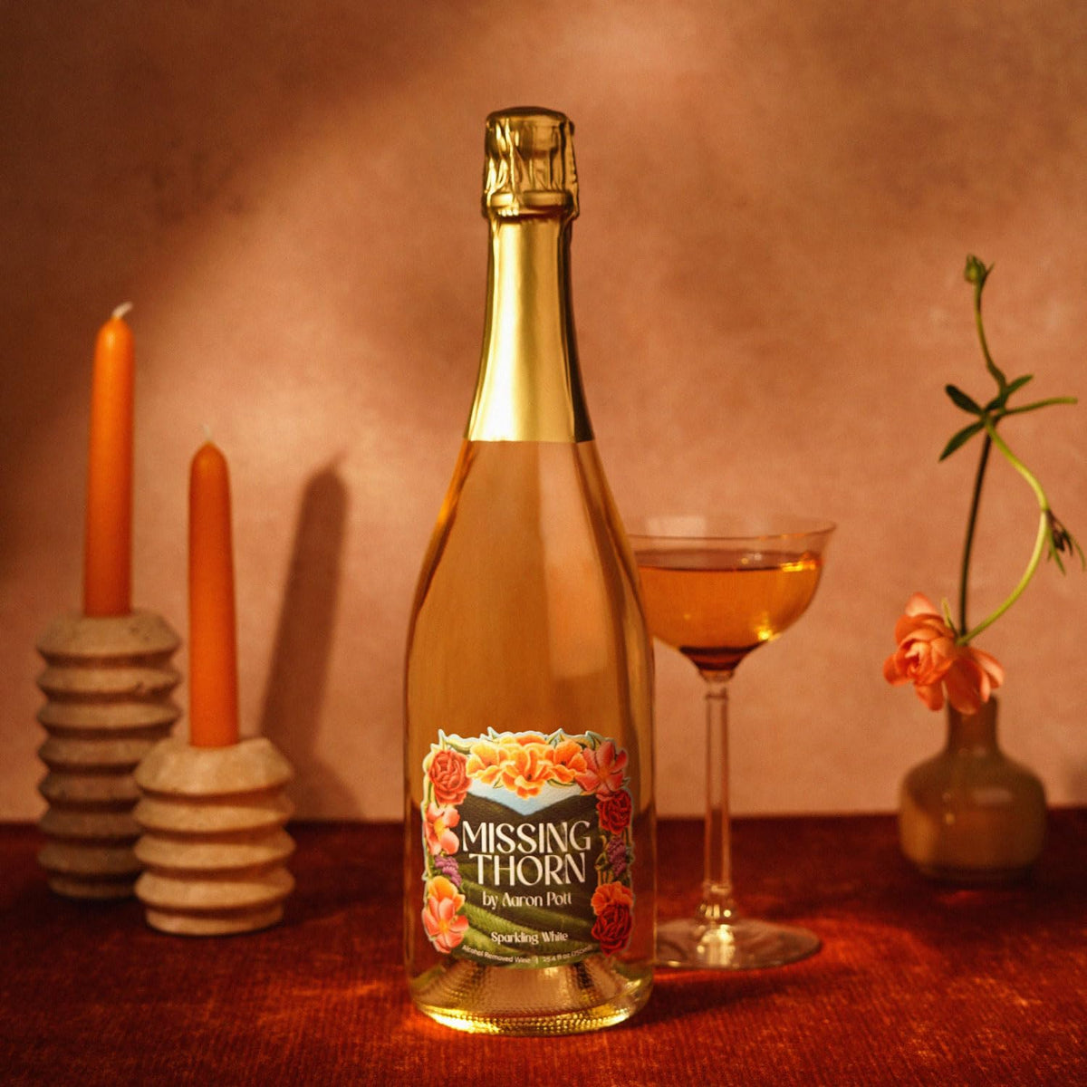 Chilled Missing Thorn Sparkling White NA Riesling served on a sunny day.