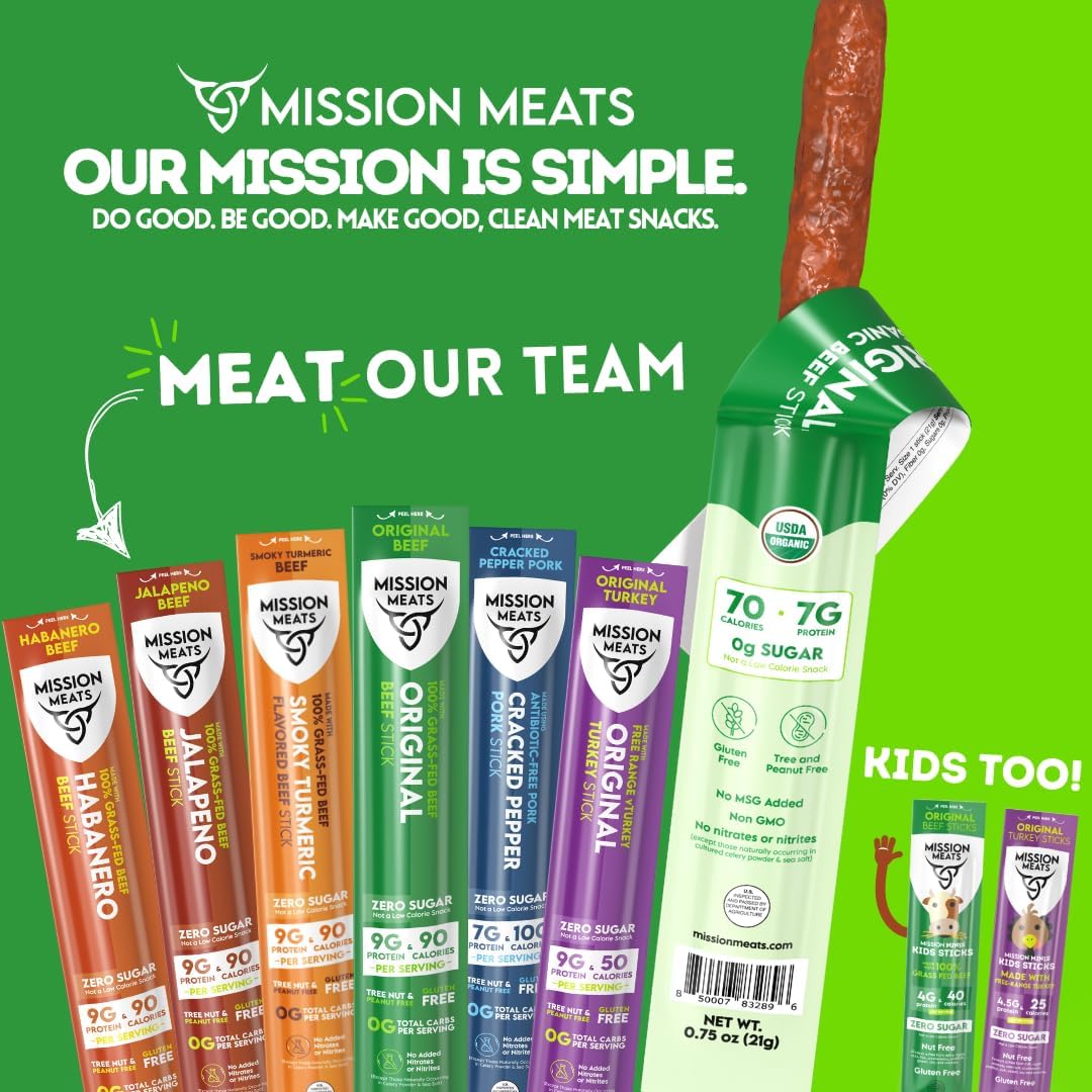 Mission Meats Allergen-Free Emblem communicates gluten, nut, and dairy-free snack.