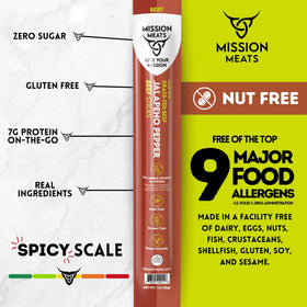 Mission Meats beef stick 1oz serving highlights convenient single-serving snacks.