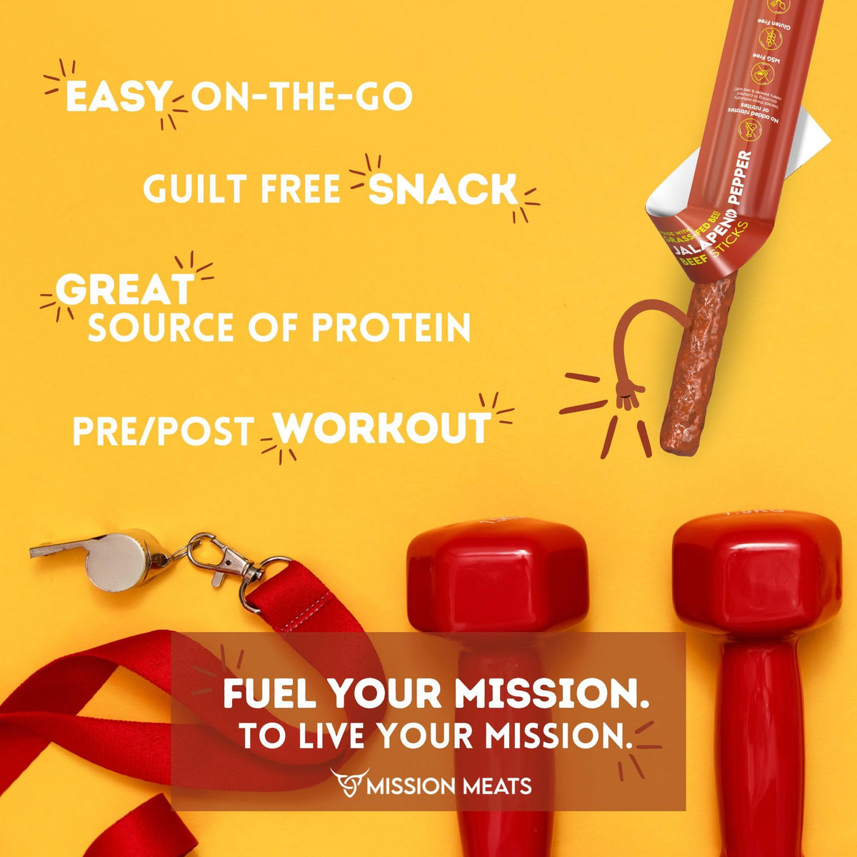 Mission Meats beef stick individually wrapped for easy grab-and-go.