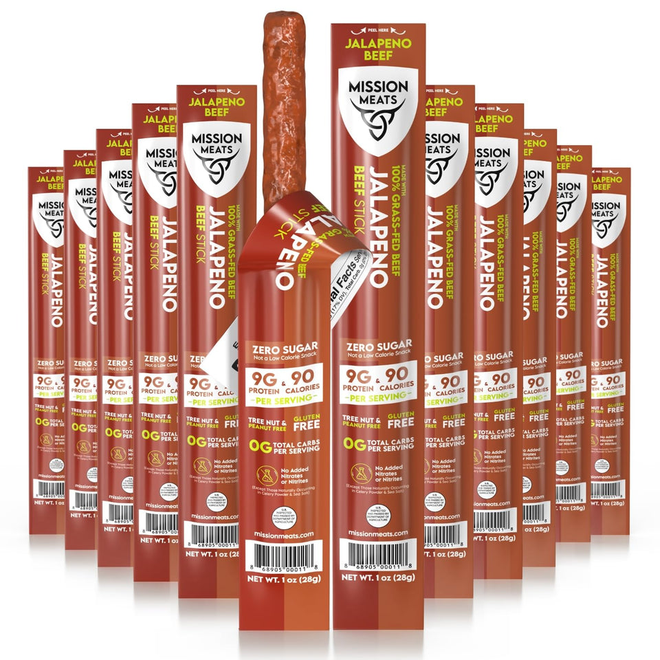 Mission Meats beef stick jalapeno packaging, a ready-to-snack option for busy days.