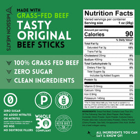 Mission Meats beef sticks held in hand for grab-and-go snacking on the move.