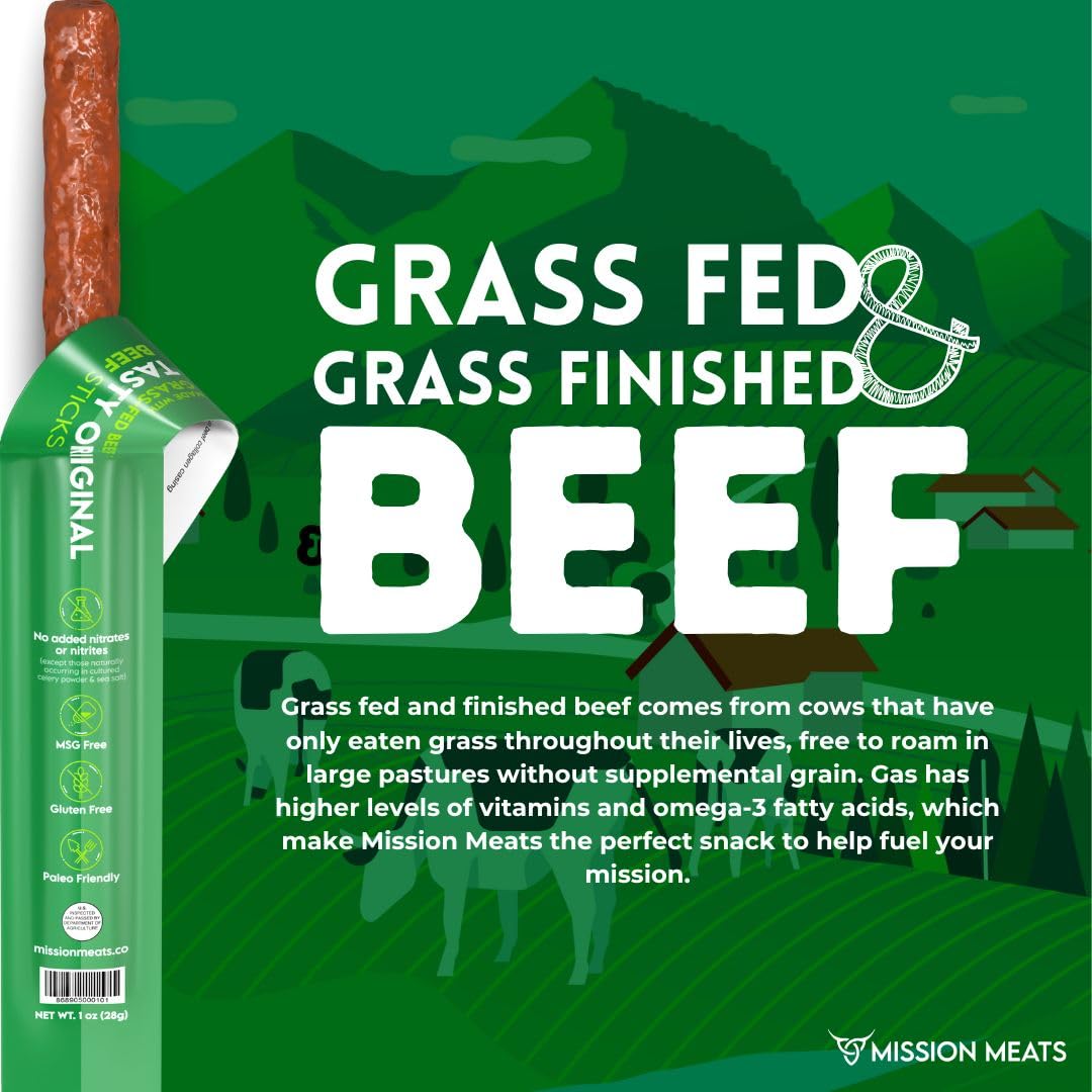 Mission Meats beef sticks ingredients view emphasizes clean, non-GMO, no added hormones.