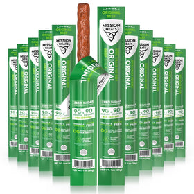 Mission Meats beef sticks original packaging shows grass-fed beef and clean ingredients for on-the-go snacking.