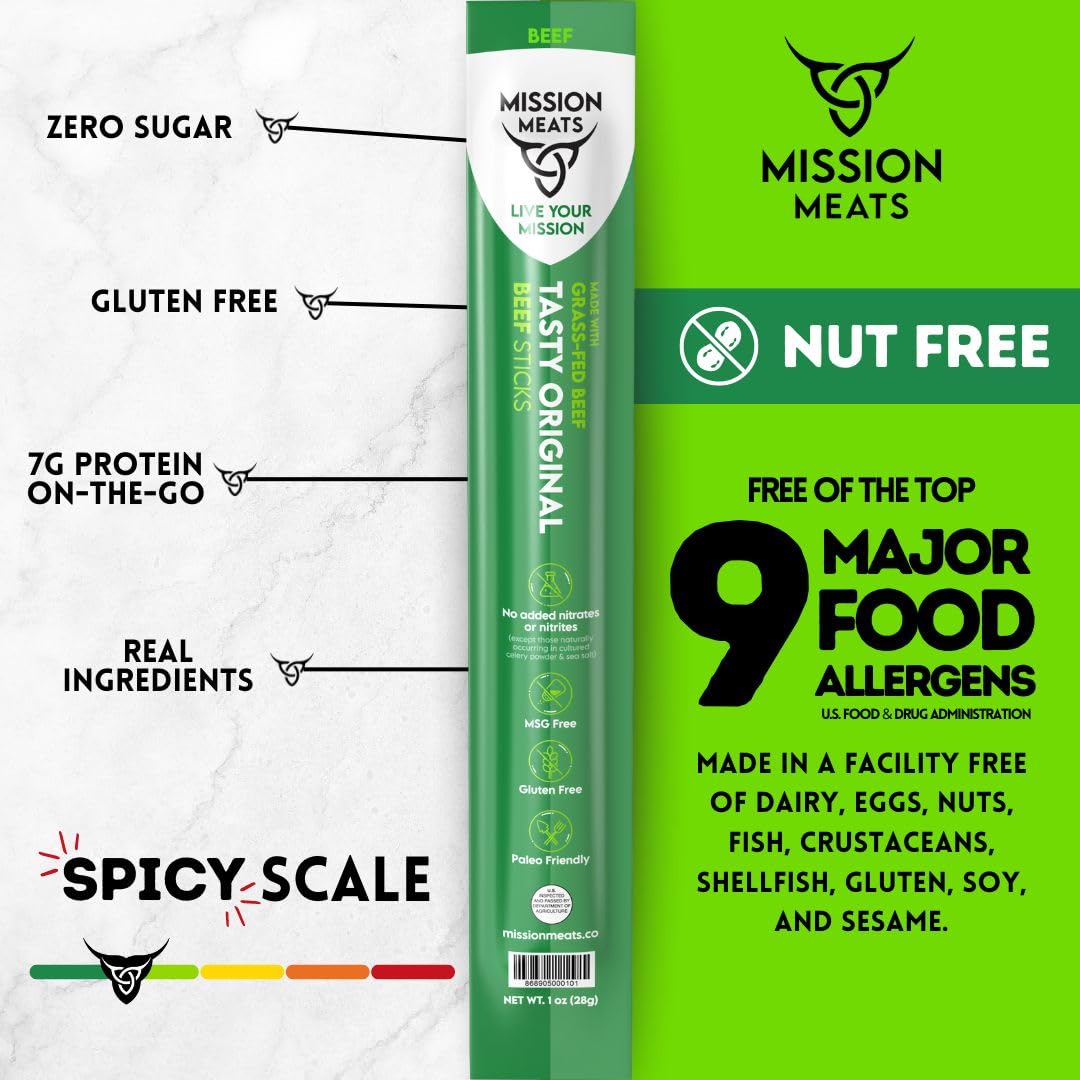 Mission Meats beef sticks close-up highlights 1oz portion with 9g protein for energy.