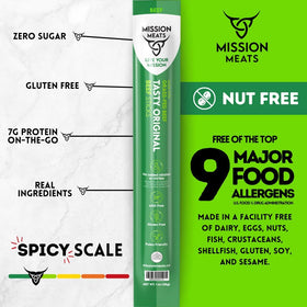 Mission Meats beef sticks close-up highlights 1oz portion with 9g protein for energy.