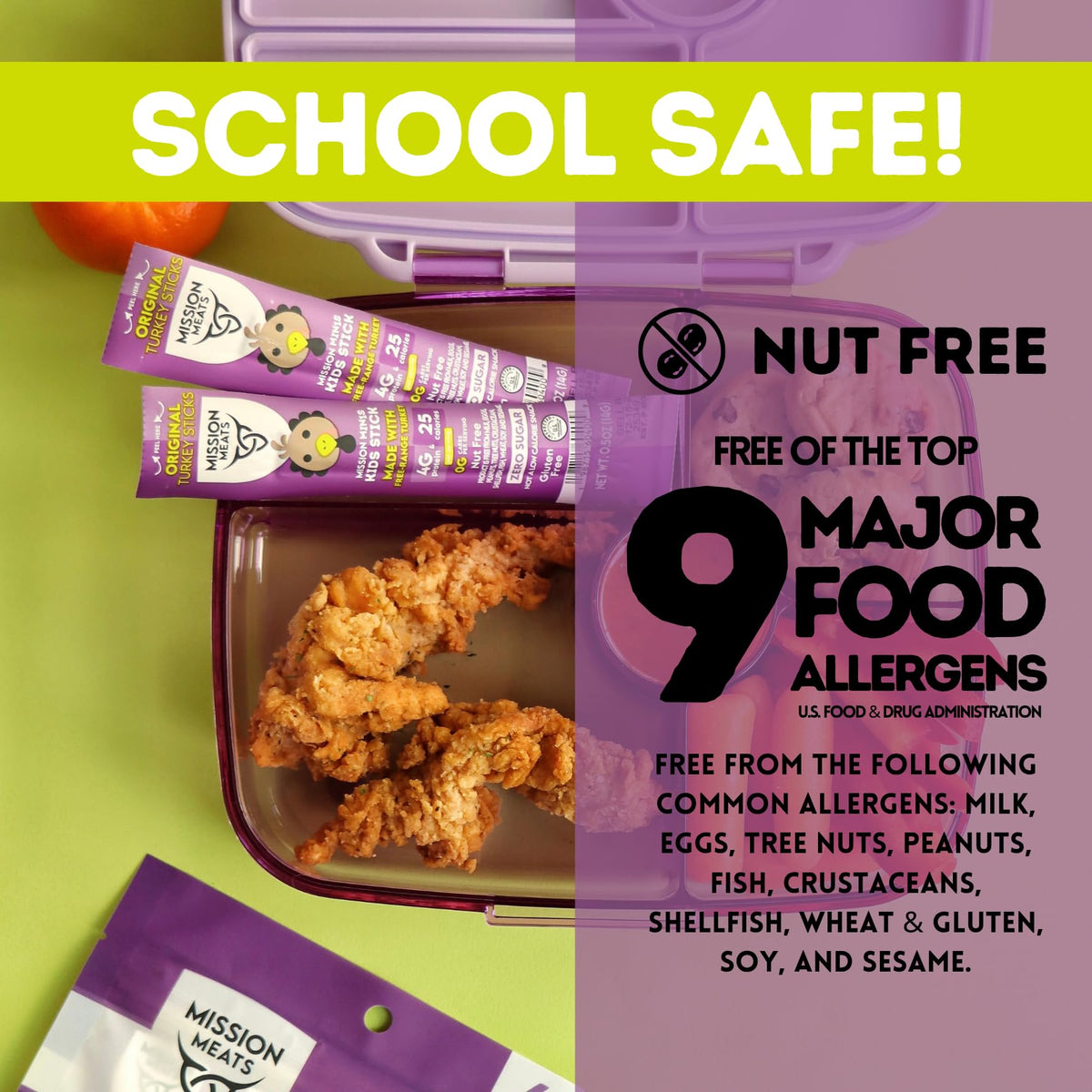 Mission Meats Kids Turkey Sticks nut-free option, dairy-free and school-ready.