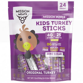 Mission Meats Kids Turkey Sticks unwrapped, protein-packed lunchbox snack.