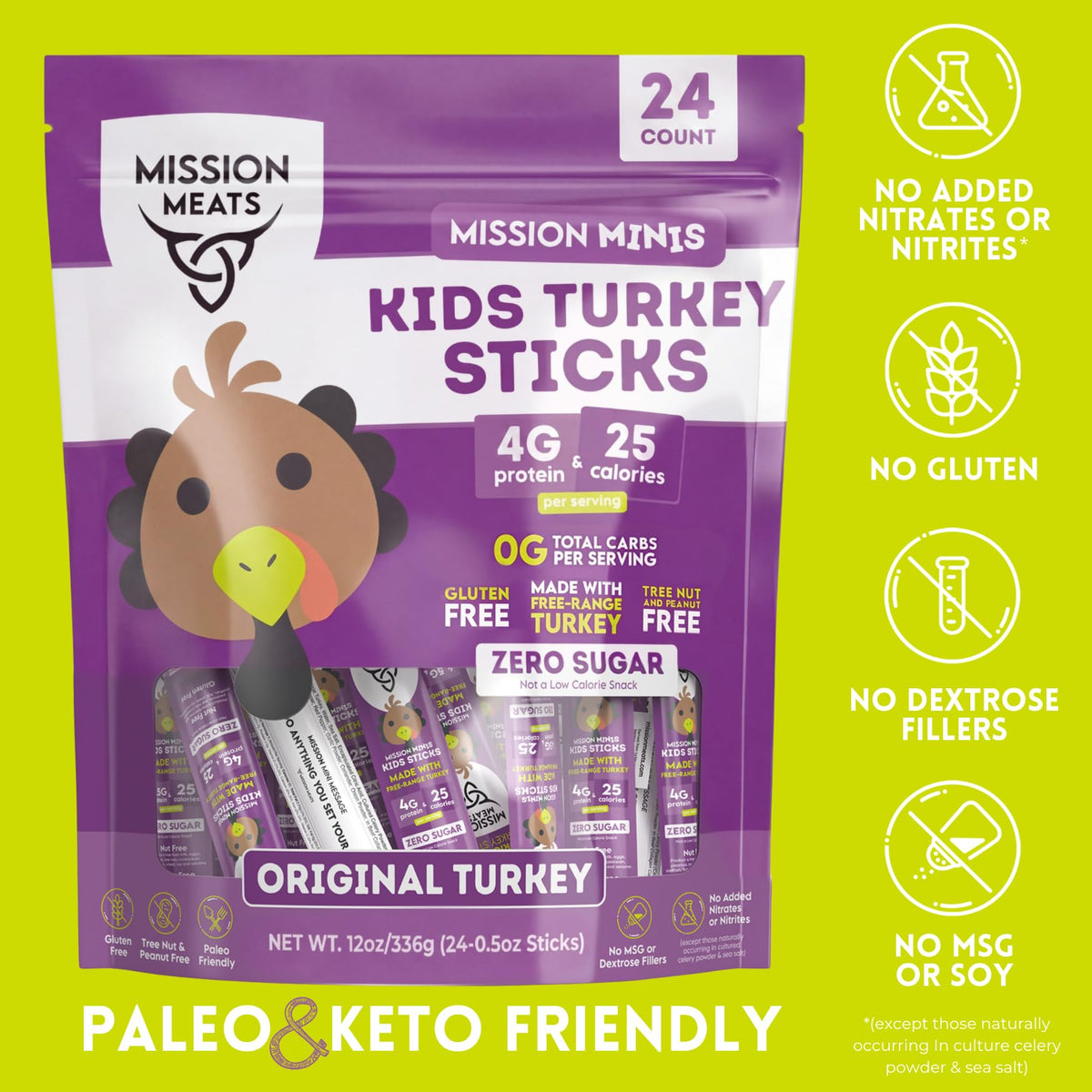 Mission Meats Kids Turkey Sticks zero sugar label, kid-friendly nutrition.
