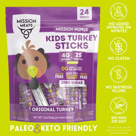Mission Meats Kids Turkey Sticks zero sugar label, kid-friendly nutrition.