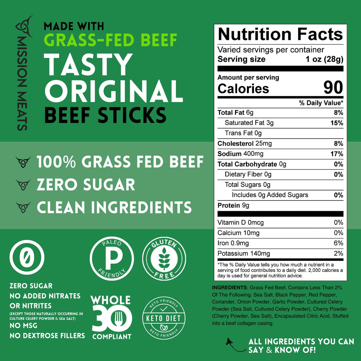 Mission Meats No Nitrates emblem highlights clean, nitrate-free snacking.