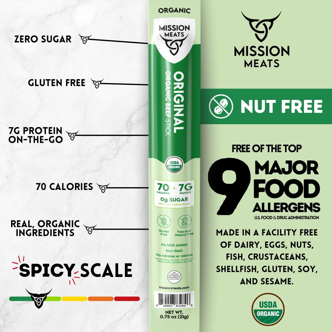 Mission Meats organic beef sticks box highlights 12-pack convenience.