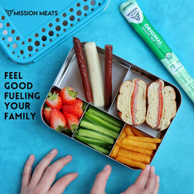 Mission Meats on-the-go snack shot shows portable 12-stick pack.