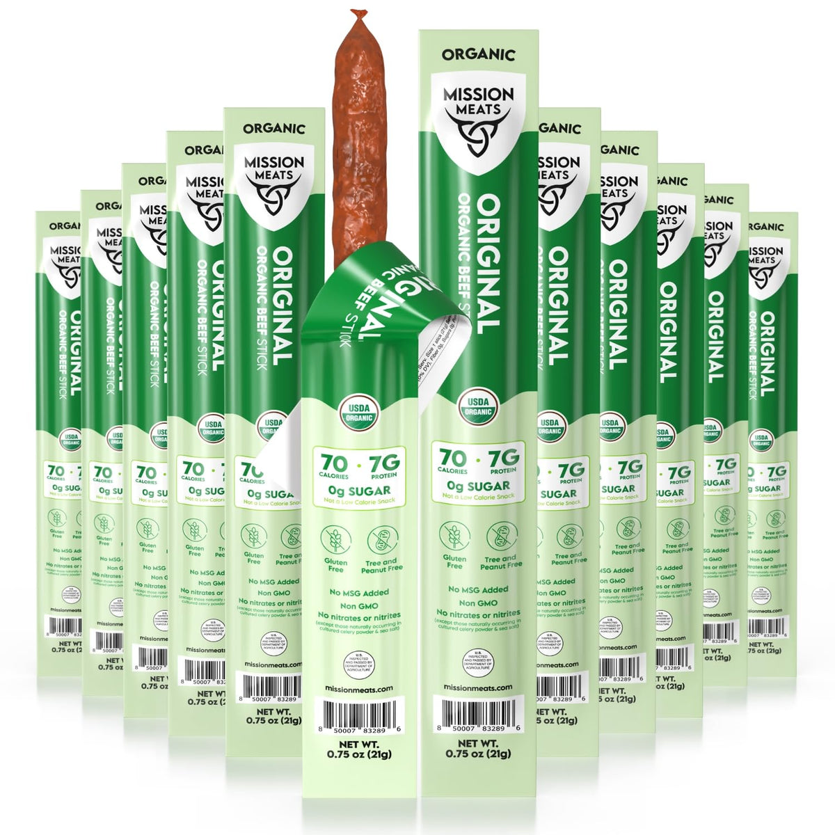 Mission Meats organic beef sticks in packaging for convenient lunchbox snacking.