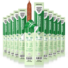 Mission Meats organic beef sticks in packaging for convenient lunchbox snacking.