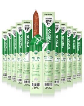 Mission Meats Organic Beef Sticks packaging with USDA Organic seal for on-the-go snacking.