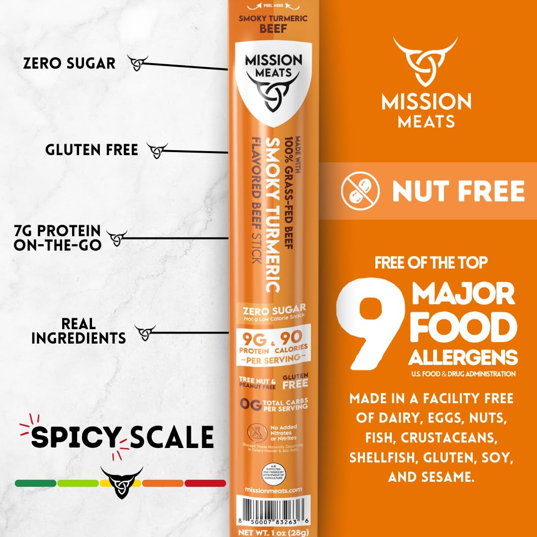 Mission Meats Smoky Turmeric beef sticks 12-pack in box, convenient healthy snack option