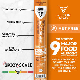 Mission Meats Smoky Turmeric beef sticks 12-pack in box, convenient healthy snack option