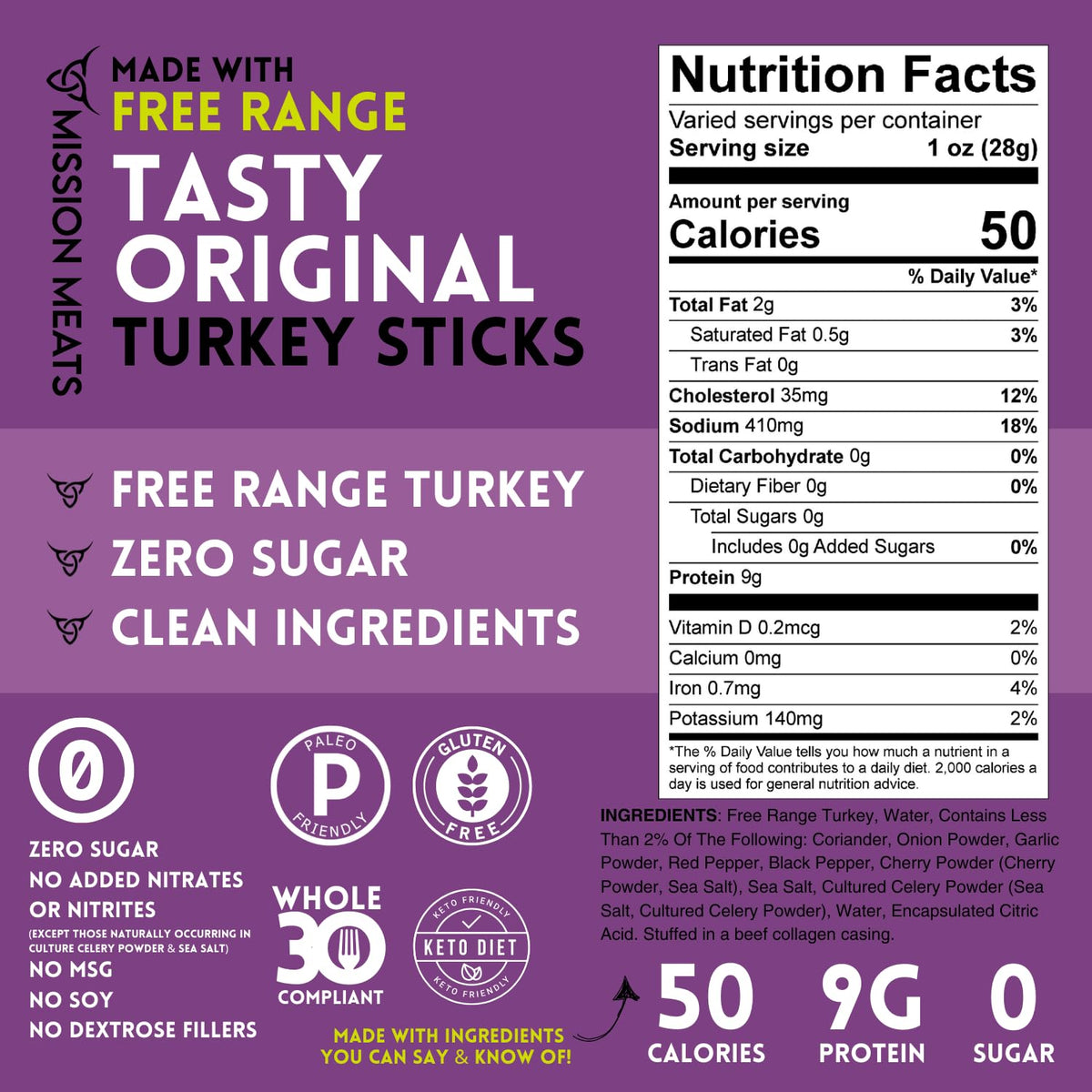 Mission Meats Free Range Turkey Sticks displaying natural ingredients