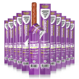 Mission Meats Turkey Sticks Original packaging, convenient 12-count box for homes