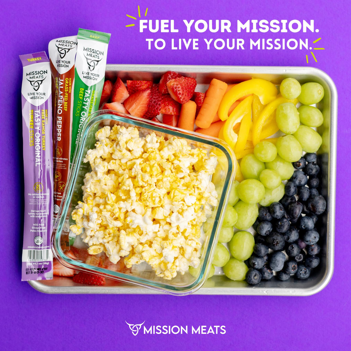 MISSION MEATS Variety Pack Display shows all flavors for family snacking.