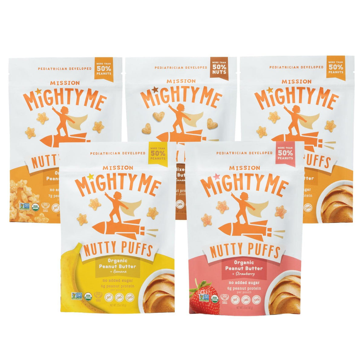 Mission Mighty Me Nutty Puffs variety pack front view, ideal family snack for busy days