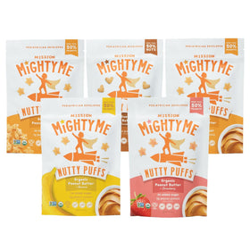 Mission Mighty Me Nutty Puffs variety pack front view, ideal family snack for busy days