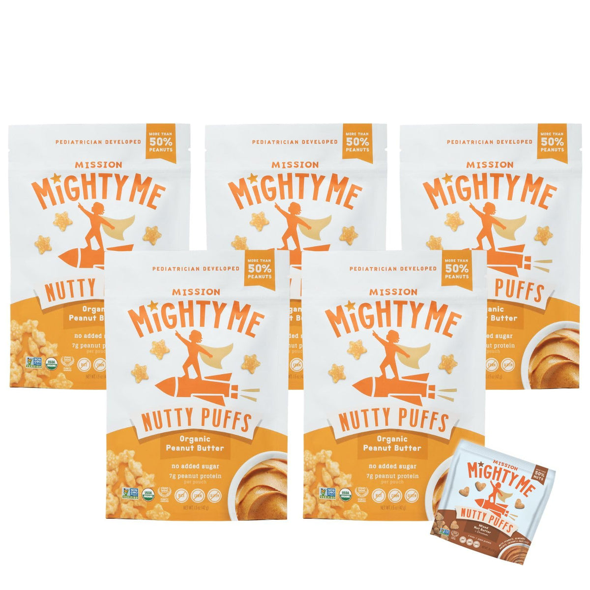 Mission Mighty Me Nutty Puffs close-up of peanuts, melt-in-mouth texture for babies.