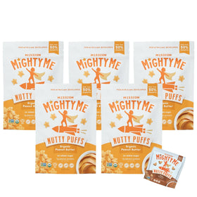Mission Mighty Me Nutty Puffs close-up of peanuts, melt-in-mouth texture for babies.