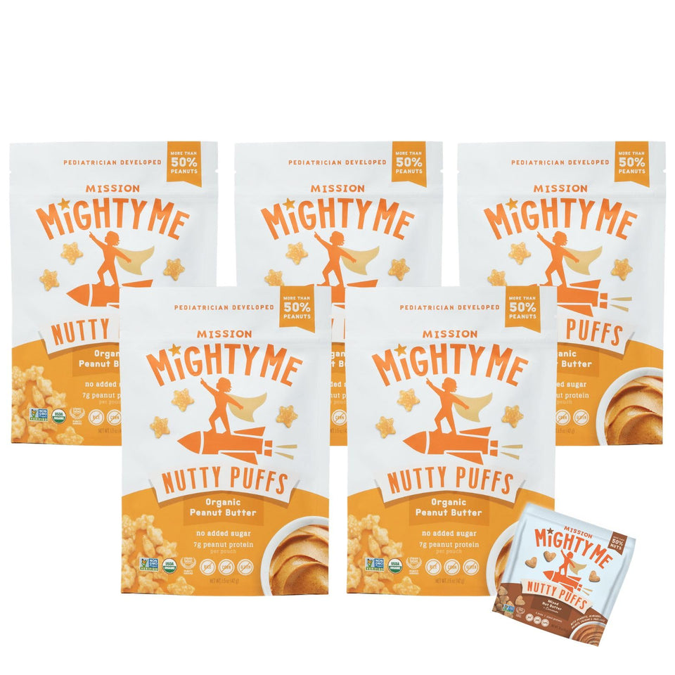 Mission Mighty Me Nutty Puffs close-up of peanuts, melt-in-mouth texture for babies.