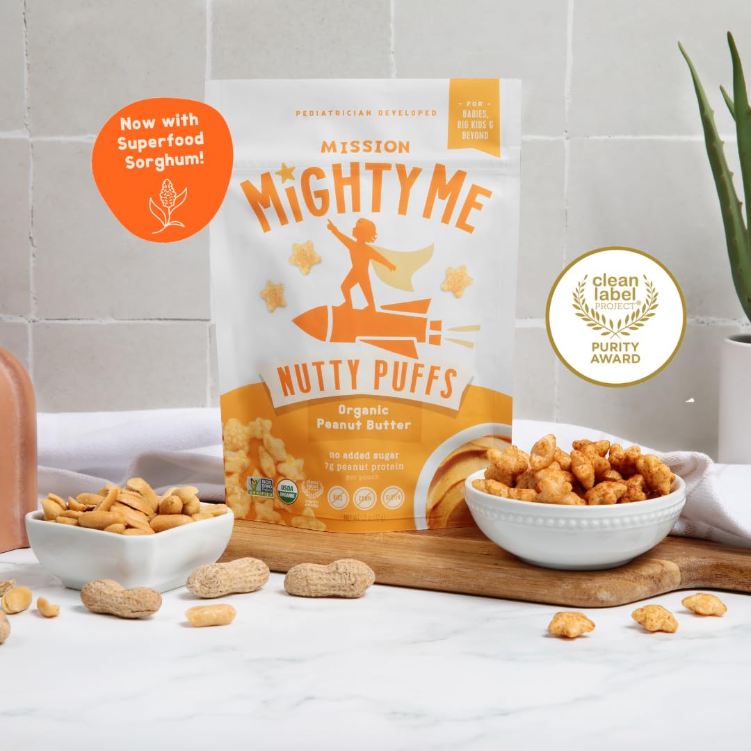 Mission Mighty Me Nutty Puffs peanut butter puffs close-up, easy melt-in-mouth for babies