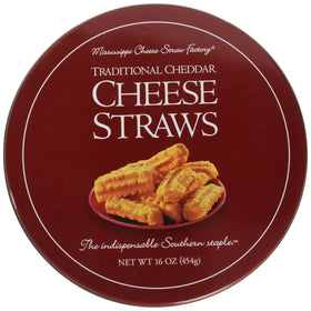 Mississippi Cheese Straw Factory gift tin with cheddar cheese straws, ideal for entertaining.