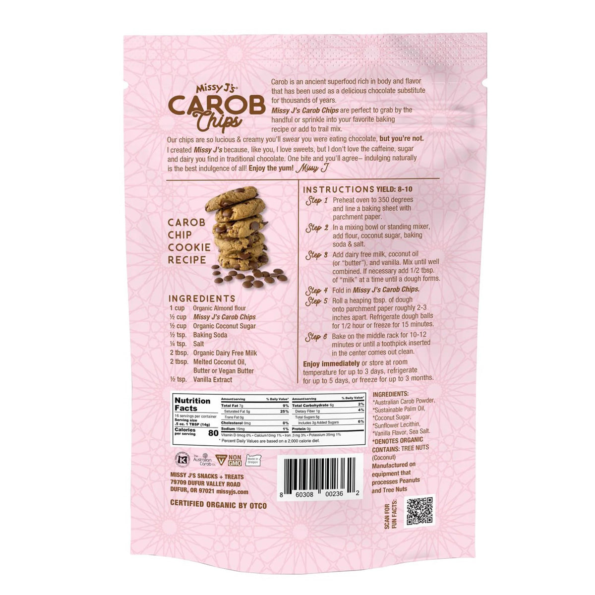 Missy J's carob ingredients with coconut sugar for natural sweetness in desserts.