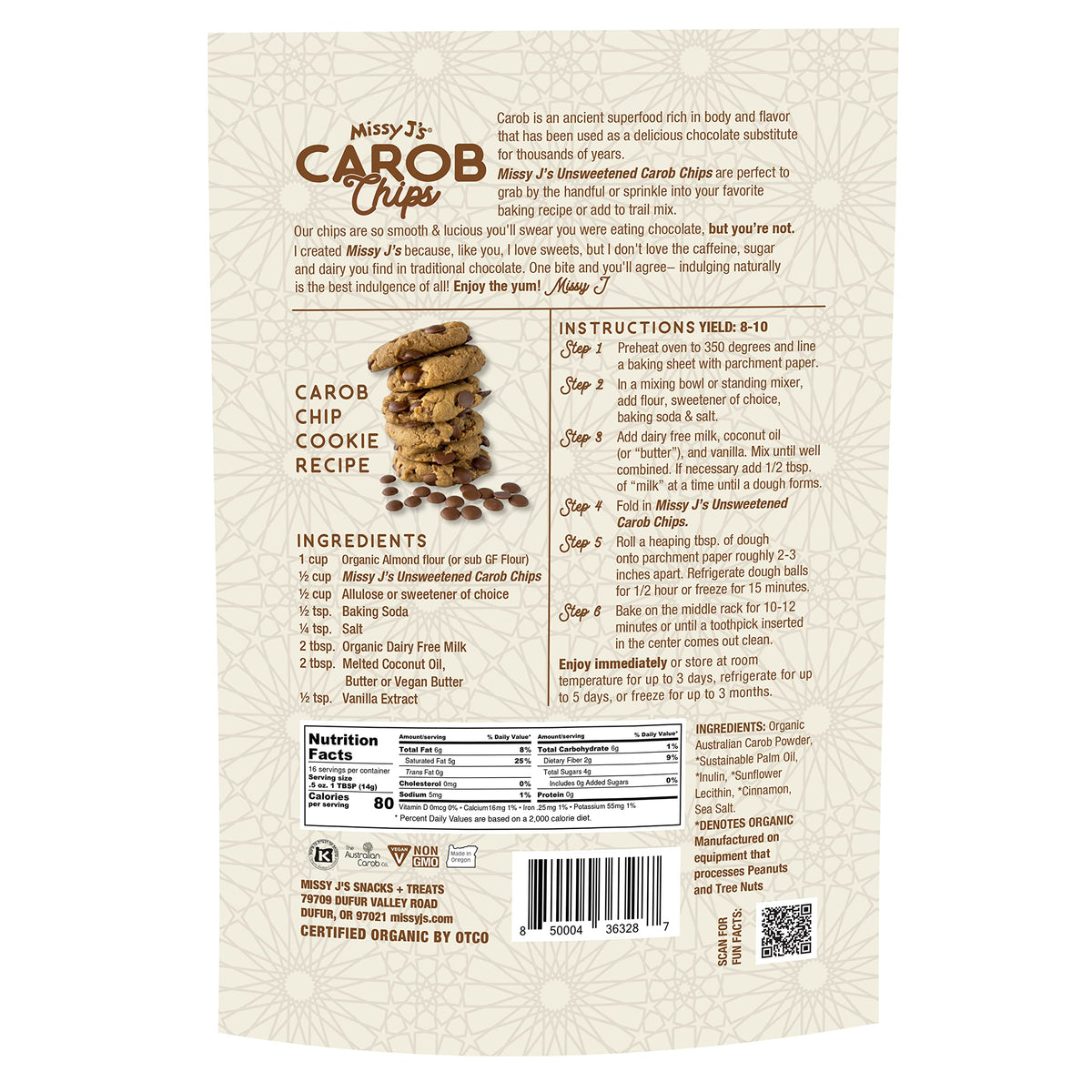 Missy J's carob chips melt evenly for chocolate substitutes in recipes.