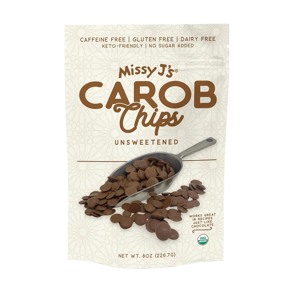 Missy J's carob chips packaging shows organic quality for snacking.