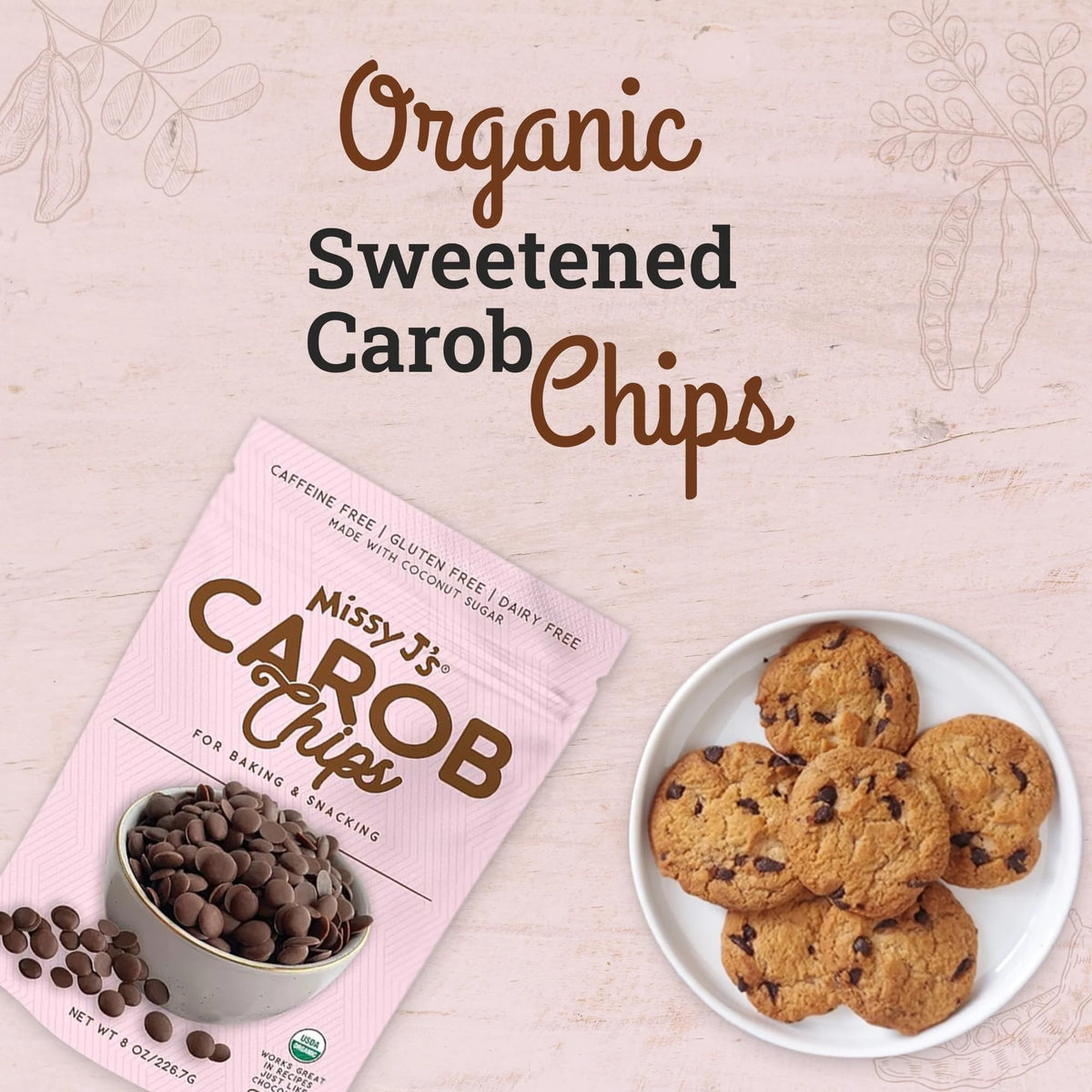 Missy J's gluten-free carob chips ready for bakery treats.